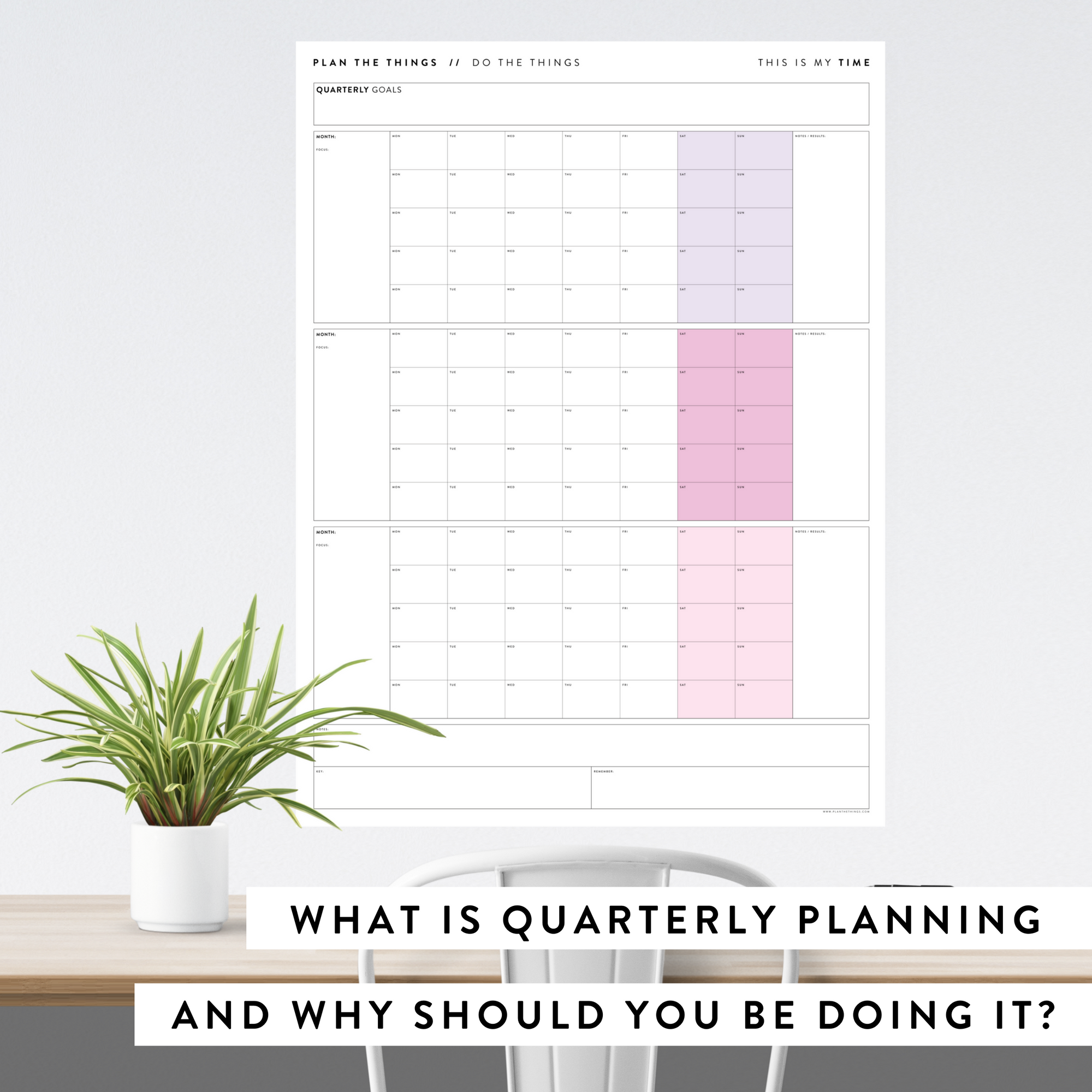 What is quarterly planning and why should you be doing it? Image of quarterly wall calendar on a wall behind a desk