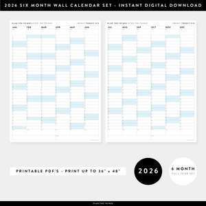 PRINTABLE SIX MONTH 2026 ACADEMIC YEAR WALL CALENDAR SET WITH BLUE WEEKENDS - INSTANT DOWNLOAD