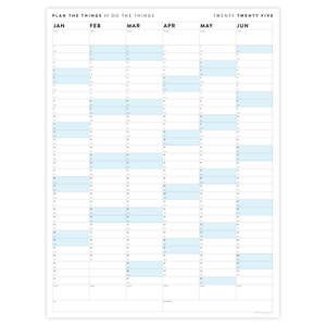 PRINTABLE SIX MONTH 2025 WALL CALENDAR SET WITH BLUE WEEKENDS - INSTANT DOWNLOAD