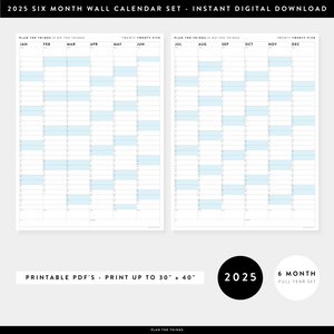 PRINTABLE SIX MONTH 2025 WALL CALENDAR SET WITH BLUE WEEKENDS - INSTANT DOWNLOAD