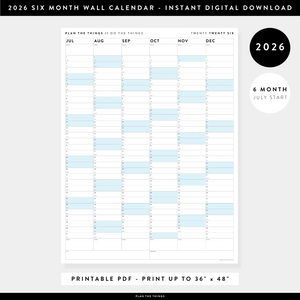 PRINTABLE SIX MONTH 2026 WALL CALENDAR (JULY TO DECEMBER) WITH BLUE WEEKENDS - INSTANT DOWNLOAD