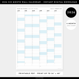 PRINTABLE SIX MONTH 2026 WALL CALENDAR (JANUARY TO JUNE) WITH BLUE WEEKENDS - INSTANT DOWNLOAD