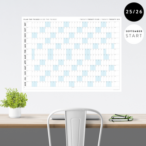 PRINTABLE 2025 - 2026 ACADEMIC WALL CALENDAR (SEPTEMBER START) | HORIZONTAL WITH BLUE WEEKENDS - INSTANT DOWNLOAD