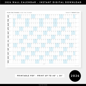 PRINTABLE 2026 HORIZONTAL WALL CALENDAR WITH BLUE WEEKENDS - INSTANT DOWNLOAD