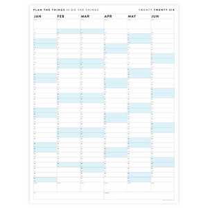 PRINTABLE SIX MONTH 2026 WALL CALENDAR (JANUARY TO JUNE) WITH BLUE WEEKENDS - INSTANT DOWNLOAD