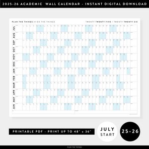 PRINTABLE 2025 - 2026 ACADEMIC WALL CALENDAR (JULY START) | HORIZONTAL WITH BLUE WEEKENDS - INSTANT DOWNLOAD
