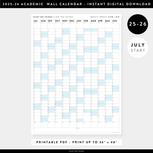 PRINTABLE 2025 - 2026 ACADEMIC WALL CALENDAR (JULY START) | VERTICAL WITH BLUE WEEKENDS - INSTANT DOWNLOAD