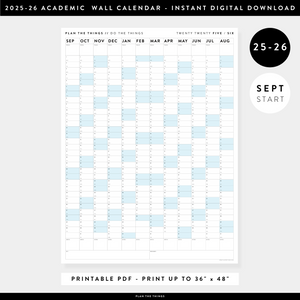 PRINTABLE 2025 - 2026 ACADEMIC WALL CALENDAR (SEPTEMBER START) | VERTICAL WITH BLUE WEEKENDS - INSTANT DOWNLOAD