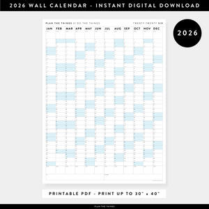 PRINTABLE VERTICAL 2026 WALL CALENDAR WITH BLUE WEEKENDS - INSTANT DOWNLOAD