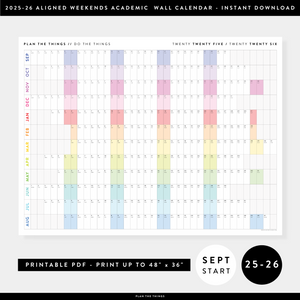 NEW! PRINTABLE SEPTEMBER START 2025 - 2026 HORIZONTAL ACADEMIC WALL CALENDAR WITH ALIGNED WEEKENDS - INSTANT DOWNLOAD PRINT UP TO 48" x 36"