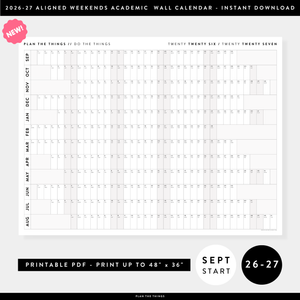 NEW! PRINTABLE SEPTEMBER START 2026 - 2027 HORIZONTAL ACADEMIC WALL CALENDAR WITH ALIGNED GRAY WEEKENDS - INSTANT DOWNLOAD