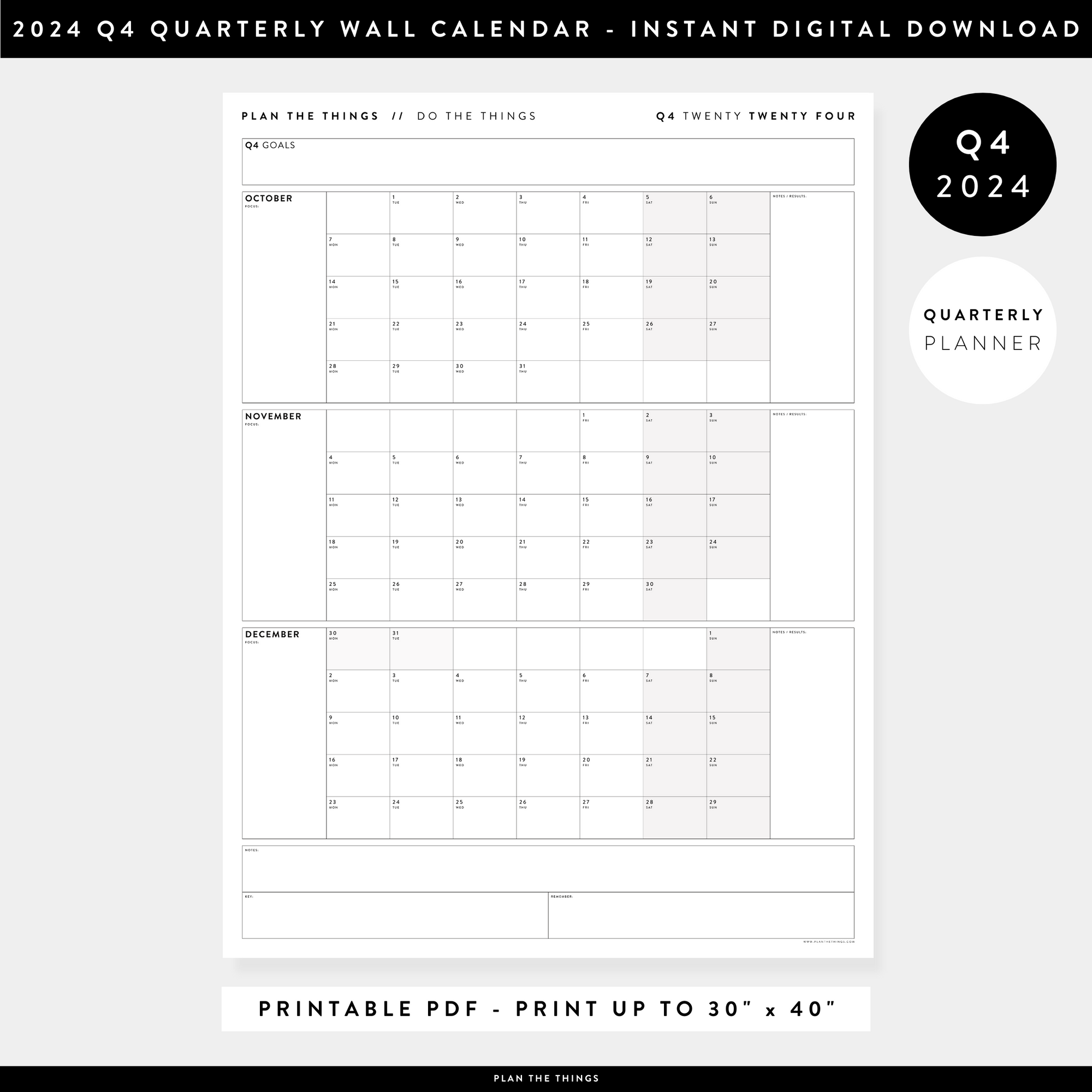 PRINTABLE Q4 (OCTOBER - DECEMBER) 2024 QUARTERLY WALL CALENDAR (GREY / GRAY) - INSTANT PDF DOWNLOAD