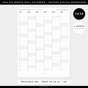 PRINTABLE SIX MONTH 2026 WALL CALENDAR (JANUARY TO JUNE) WITH GRAY WEEKENDS - INSTANT DOWNLOAD
