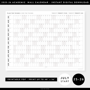 PRINTABLE 2025 - 2026 ACADEMIC WALL CALENDAR (JULY START) | HORIZONTAL WITH GRAY WEEKENDS - INSTANT DOWNLOAD