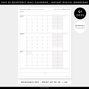 PRINTABLE Q1 (JANUARY - MARCH) 2025 QUARTERLY WALL CALENDAR (GRAY) - INSTANT DOWNLOAD