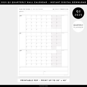 PRINTABLE Q2 (APRIL - JUNE) 2025 QUARTERLY WALL CALENDAR (GRAY) - INSTANT PDF DOWNLOAD
