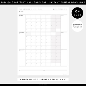 PRINTABLE Q4 (OCTOBER - DECEMBER) 2026 QUARTERLY WALL CALENDAR (GRAY) - INSTANT PDF DOWNLOAD
