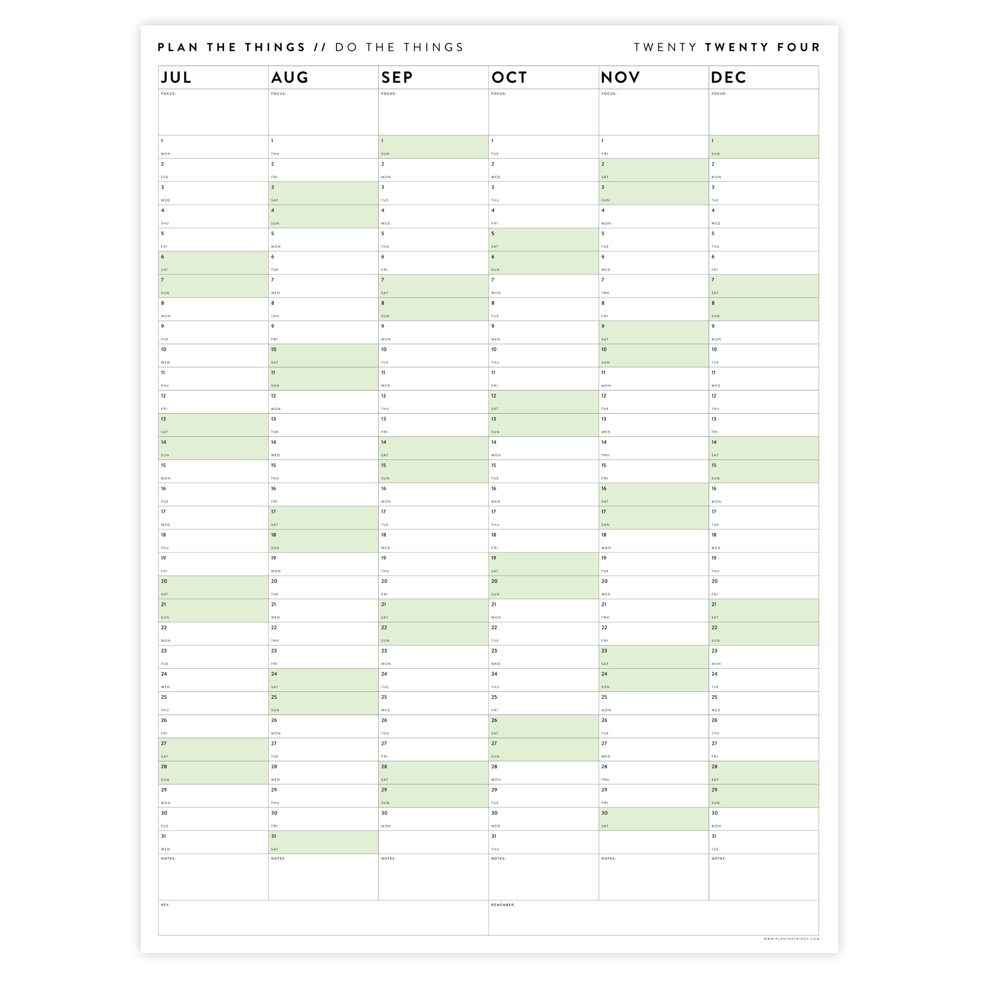 SIX MONTH 2024 GIANT WALL CALENDAR (JULY TO DECEMBER) WITH GREEN WEEKENDS