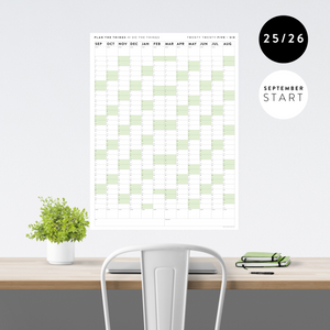 PRINTABLE 2025 - 2026 ACADEMIC WALL CALENDAR (SEPTEMBER START) | VERTICAL WITH GREEN WEEKENDS - INSTANT DOWNLOAD