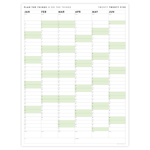 PRINTABLE SIX MONTH 2025 WALL CALENDAR SET WITH GREEN WEEKENDS - INSTANT DOWNLOAD