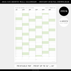 PRINTABLE SIX MONTH 2026 WALL CALENDAR (JULY TO DECEMBER) WITH GREEN WEEKENDS - INSTANT DOWNLOAD