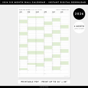 PRINTABLE SIX MONTH 2026 WALL CALENDAR (JANUARY TO JUNE) WITH GREEN WEEKENDS - INSTANT DOWNLOAD