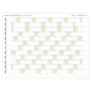 PRINTABLE 2026 HORIZONTAL WALL CALENDAR WITH GREEN WEEKENDS - INSTANT DOWNLOAD