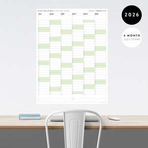 SIX MONTH 2026 GIANT WALL CALENDAR (JULY TO DECEMBER) WITH GREEN WEEKENDS