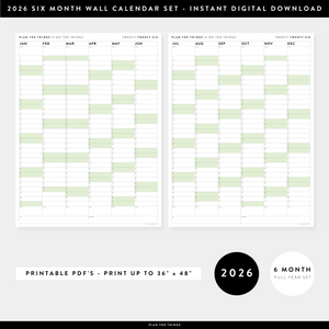 PRINTABLE SIX MONTH 2026 ACADEMIC YEAR WALL CALENDAR SET WITH GREEN WEEKENDS - INSTANT DOWNLOAD