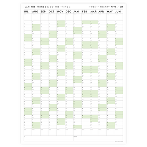 PRINTABLE 2025 - 2026 ACADEMIC WALL CALENDAR (JULY START) | VERTICAL WITH GREEN WEEKENDS - INSTANT DOWNLOAD