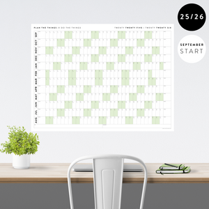 PRINTABLE 2025 - 2026 ACADEMIC WALL CALENDAR (SEPTEMBER START) | HORIZONTAL WITH GREEN WEEKENDS - INSTANT DOWNLOAD