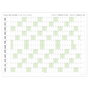 PRINTABLE 2025 - 2026 ACADEMIC WALL CALENDAR (SEPTEMBER START) | HORIZONTAL WITH GREEN WEEKENDS - INSTANT DOWNLOAD