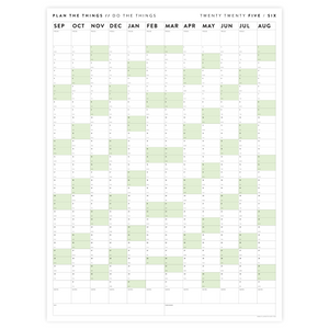 PRINTABLE 2025 - 2026 ACADEMIC WALL CALENDAR (SEPTEMBER START) | VERTICAL WITH GREEN WEEKENDS - INSTANT DOWNLOAD
