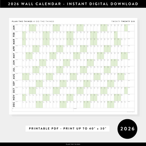 PRINTABLE 2026 HORIZONTAL WALL CALENDAR WITH GREEN WEEKENDS - INSTANT DOWNLOAD