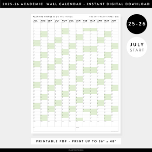 PRINTABLE 2025 - 2026 ACADEMIC WALL CALENDAR (JULY START) | VERTICAL WITH GREEN WEEKENDS - INSTANT DOWNLOAD