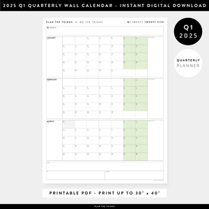 PRINTABLE Q1 (JANUARY - MARCH) 2025 QUARTERLY WALL CALENDAR (GREEN) - INSTANT DOWNLOAD