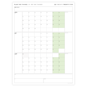 PRINTABLE Q2 (APRIL - JUNE) 2025 QUARTERLY WALL CALENDAR (GREEN) - INSTANT PDF DOWNLOAD