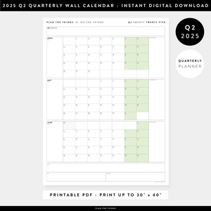 PRINTABLE Q2 (APRIL - JUNE) 2025 QUARTERLY WALL CALENDAR (GREEN) - INSTANT PDF DOWNLOAD