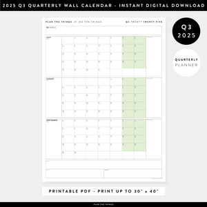 PRINTABLE Q3 (JULY - SEPTEMBER) 2025 QUARTERLY WALL CALENDAR (GREEN) - INSTANT PDF DOWNLOAD