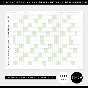 PRINTABLE 2025 - 2026 ACADEMIC WALL CALENDAR (SEPTEMBER START) | HORIZONTAL WITH GREEN WEEKENDS - INSTANT DOWNLOAD