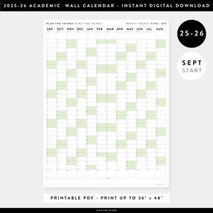 PRINTABLE 2025 - 2026 ACADEMIC WALL CALENDAR (SEPTEMBER START) | VERTICAL WITH GREEN WEEKENDS - INSTANT DOWNLOAD