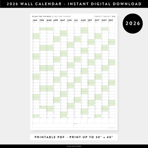 PRINTABLE VERTICAL 2026 WALL CALENDAR WITH GREEN WEEKENDS - INSTANT DOWNLOAD