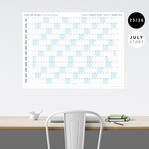 PRINTABLE 2025 - 2026 ACADEMIC WALL CALENDAR (JULY START) | HORIZONTAL WITH BLUE WEEKENDS - INSTANT DOWNLOAD