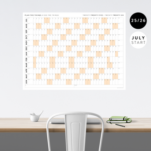 PRINTABLE 2025 - 2026 ACADEMIC WALL CALENDAR (JULY START) | HORIZONTAL WITH ORANGE WEEKENDS - INSTANT DOWNLOAD
