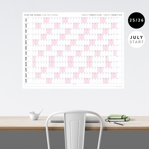 PRINTABLE 2025 - 2026 ACADEMIC WALL CALENDAR (JULY START) | HORIZONTAL WITH PINK WEEKENDS - INSTANT DOWNLOAD