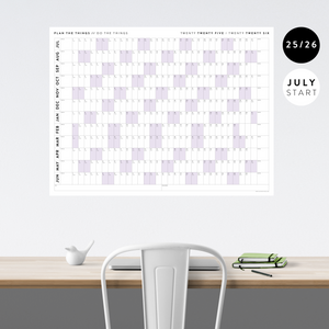 PRINTABLE 2025 - 2026 ACADEMIC WALL CALENDAR (JULY START) | HORIZONTAL WITH PURPLE WEEKENDS - INSTANT DOWNLOAD
