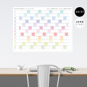 2026 - 2027 ACADEMIC WALL CALENDAR (JUNE START) | HORIZONTAL WITH RAINBOW WEEKENDS