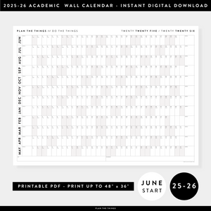 PRINTABLE 2025 - 2026 ACADEMIC WALL CALENDAR (JUNE START) | HORIZONTAL WITH GRAY / GREY WEEKENDS - INSTANT DOWNLOAD