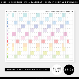 PRINTABLE 2025 - 2026 ACADEMIC WALL CALENDAR (JUNE START) | HORIZONTAL WITH RAINBOW WEEKENDS - INSTANT DOWNLOAD