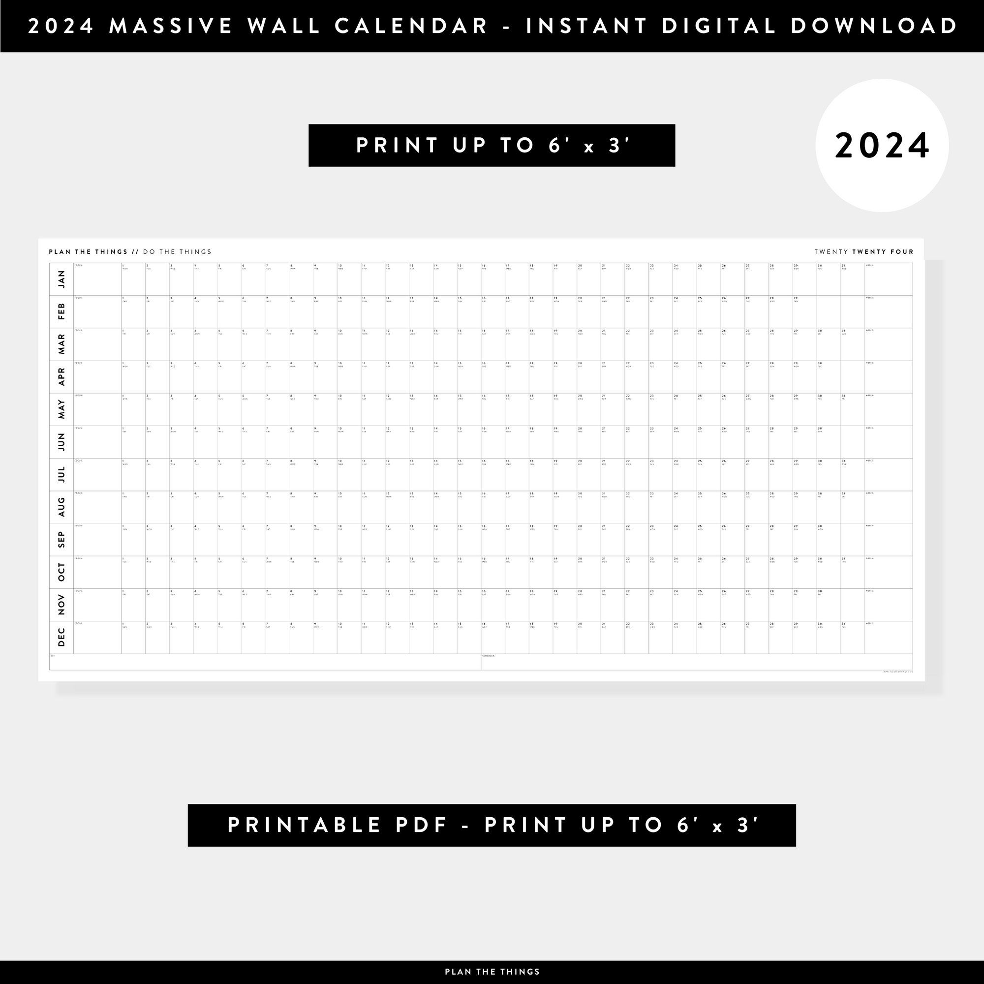 PRINTABLE 6' x 3' MASSIVE 2024 WALL CALENDAR - MINIMALIST - INSTANT DOWNLOAD